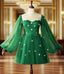 Short Green Puffy Sleeves Dress With Daisy Flowers