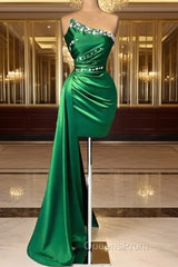Short Green Sheath Strapless Satin Dress
