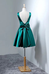 Short Hunter Green Satin Evening Prom Dress With Bow