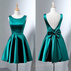 Short Hunter Green Satin Evening Prom Dress With Bow
