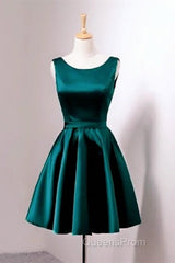 Short Hunter Green Satin Evening Prom Dress With Bow