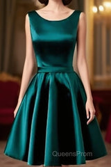 Short Hunter Green Satin Evening Prom Dress With Bow