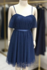 Short Navy Tulle Bridesmaid Dress Off Shoulder