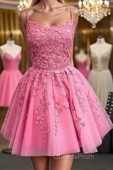 Short Pink Backless Lace Evening Prom Dress, Short Pink Open Back Formal Homecoming Dress