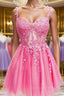 Short Pink Lace Evening Prom Dress, Short Pink Lace Formal Homecoming Dress