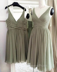 Short Pleated V-Neck Chiffon Bridesmaid Dress