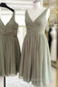 Short Pleated V-Neck Chiffon Bridesmaid Dress