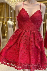 Short Red Lace Evening Prom Dress, Short Red Lace Formal Graduation Homecoming Dress