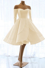 Short Satin Long Sleeves Off Shoulder Ruffles Skirt Wedding Dress