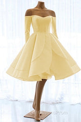 Short Satin Long Sleeves Off Shoulder Ruffles Skirt Wedding Dress
