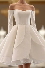 Short Satin Long Sleeves Off Shoulder Ruffles Skirt Wedding Dress