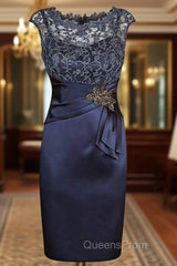 Short Sheath Navy Mother Of Bride Dress With Lace Beading Evening Prom Gown
