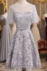 Short Sleeve Gray Lace Cute Homecoming Dress