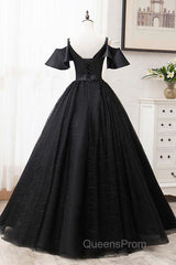 Short Sleeves Black Tulle Lace Sweetheart Long Evening Prom Dress