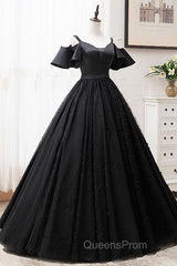 Short Sleeves Black Tulle Lace Sweetheart Long Evening Prom Dress