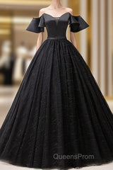 Short Sleeves Black Tulle Lace Sweetheart Long Evening Prom Dress
