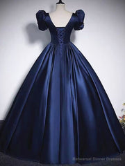 Short Sleeves Dark Blue Long Prom Dresses, Dark Blue Short Sleeves Long Formal Evening Dresses