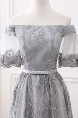 Short Sleeves Grey Lace Long Evening Prom Dress, Short Sleeves Gray Lace Long Formal Evening Dress