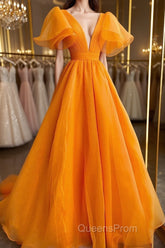 Short Sleeves Orange Long Evening Prom Dress, Orange Long Formal Evening Dress