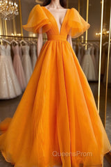 Short Sleeves Orange Long Evening Prom Dress, Orange Long Formal Evening Dress