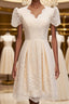Short Sleeves Short Champagne Lace Evening Prom Dress, Short Champagne Lace Formal Wedding Dress
