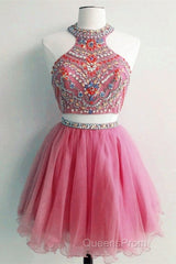 Short Two Piece Evening Prom Dress Beaded Top
