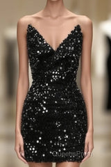 Short V-Neck Black Sequin Tight Dress