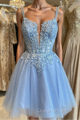 Short V Neck Blue Lace Evening Prom Dress, V Neck Short Blue Lace Formal Homecoming Dress