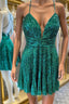 Short V Neck Green Sequins Evening Prom Dress, V Neck Green Sequins Formal Homecoming Dress