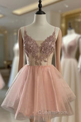 Short V Neck Pink Lace Evening Prom Dress, Short Pink Lace Graduation Homecoming Dress