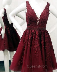 Short V-neck Tulle Evening Prom Homecoming Dress Lace Embroidery