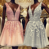 Short V-neck Tulle Evening Prom Homecoming Dress Lace Embroidery