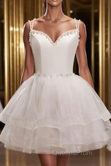 Short V Neck White Evening Prom Dress, Short V Neck White Formal Homecoming Dress