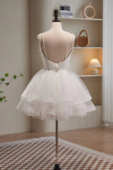 Short V Neck White Evening Prom Dress, Short V Neck White Formal Homecoming Dress