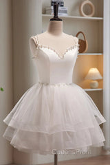 Short V Neck White Evening Prom Dress, Short V Neck White Formal Homecoming Dress