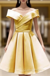 Short Yellow Homecoming Dress Satin Off The Shoulder