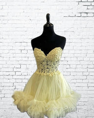 Short Yellow Lace Corset Ruffle Hemline Dress