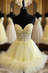 Short Yellow Lace Corset Ruffle Hemline Dress