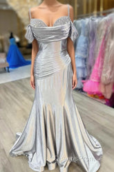 Silver Cold Sleeves Beaded Ruched Mermaid Evening Prom Dress