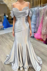 Silver Cold Sleeves Beaded Ruched Mermaid Evening Prom Dress