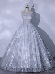 Silver Gray Sequins Straps Quinceanera Dress
