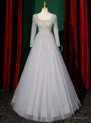 Silver Gray Tulle Long Sleeve Beading Sequins Prom Dress