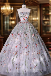 Silver Grey Strapless Ball Gown Evening Prom Dress Floral Floor Length Quinceanera Dress