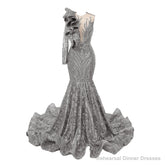Silver Mermaid One Sleeve Prom Dresses Sequined Lace Jewel Ruffles Evening Party Dress with Appliques