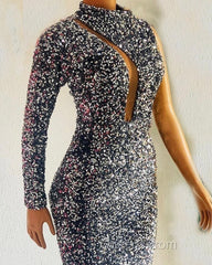 Silver Mermaid Sequin Evening Prom Dress One Shoulder