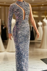 Silver Mermaid Sequin Evening Prom Dress One Shoulder