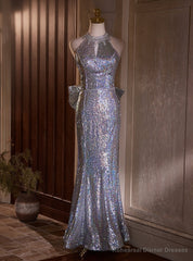 Silver Mermaid Sequins Backless Prom Dress