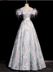 Silver Off the Shoulder Feather Prom Dress