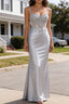 Silver Pleated Sheer Long Corset Satin Prom Dress