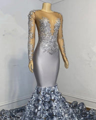 Silver Rosette Long Sleeve Mermaid Evening Prom Dress